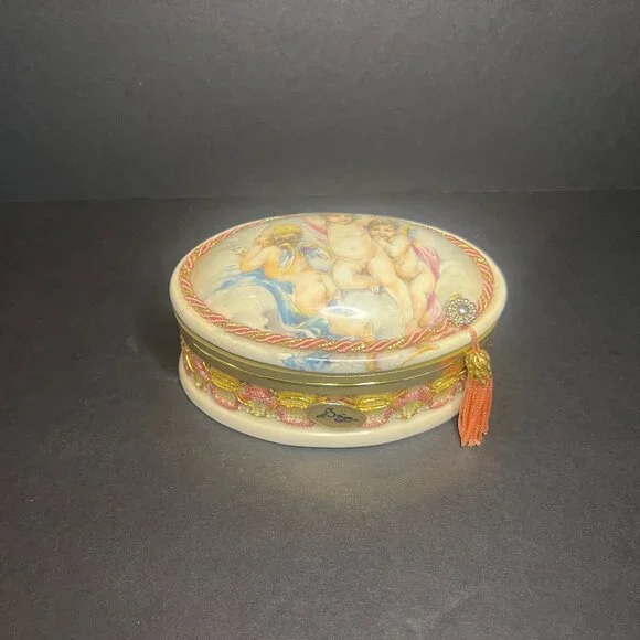 VTG MCM Berger Italian Porcelain Hinged Cherubs Angels Oval Trinket Box w Tassel - Picture 2 of 6
